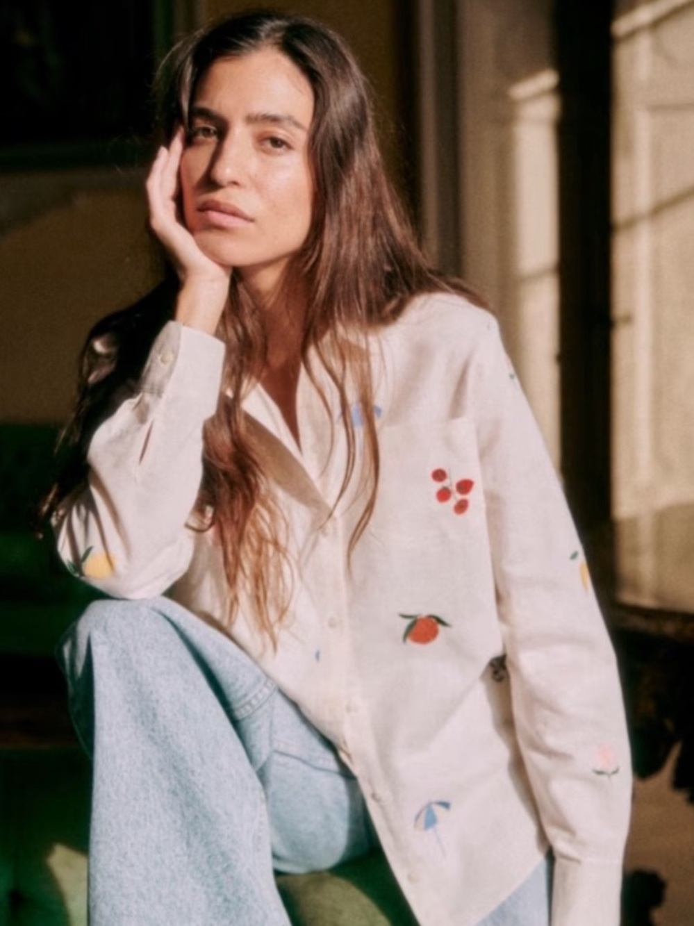 SEZANE Fruit Floral Heart Embroidered Ecru Linen Button Down Tomboy Shirt